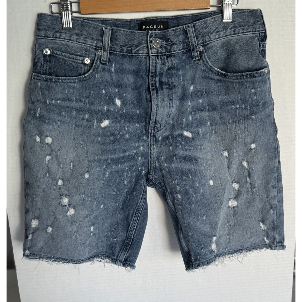 PacSun Mens Slim W32 Distressed Denim Shorts Medium Wash Vertical Stretch Frayed